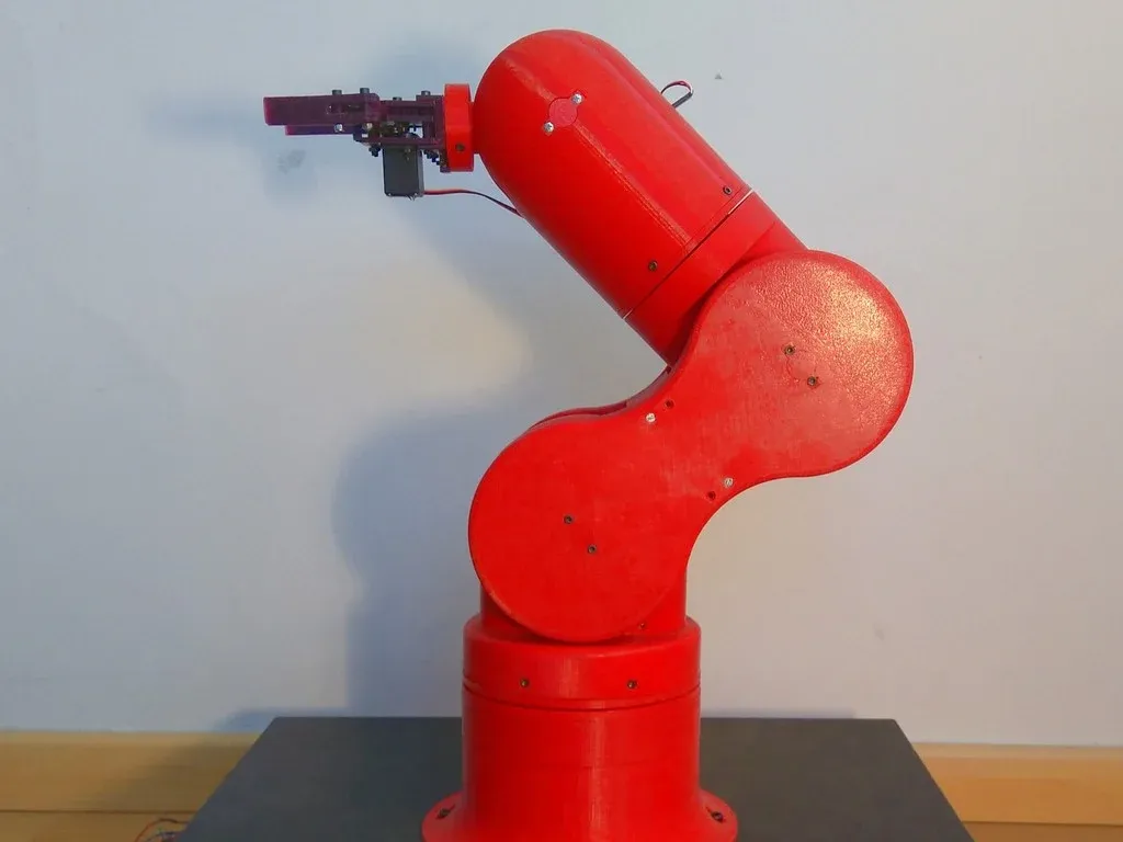 3D-printed red six-axis robotic arm with a gripper end effector, mounted on a base