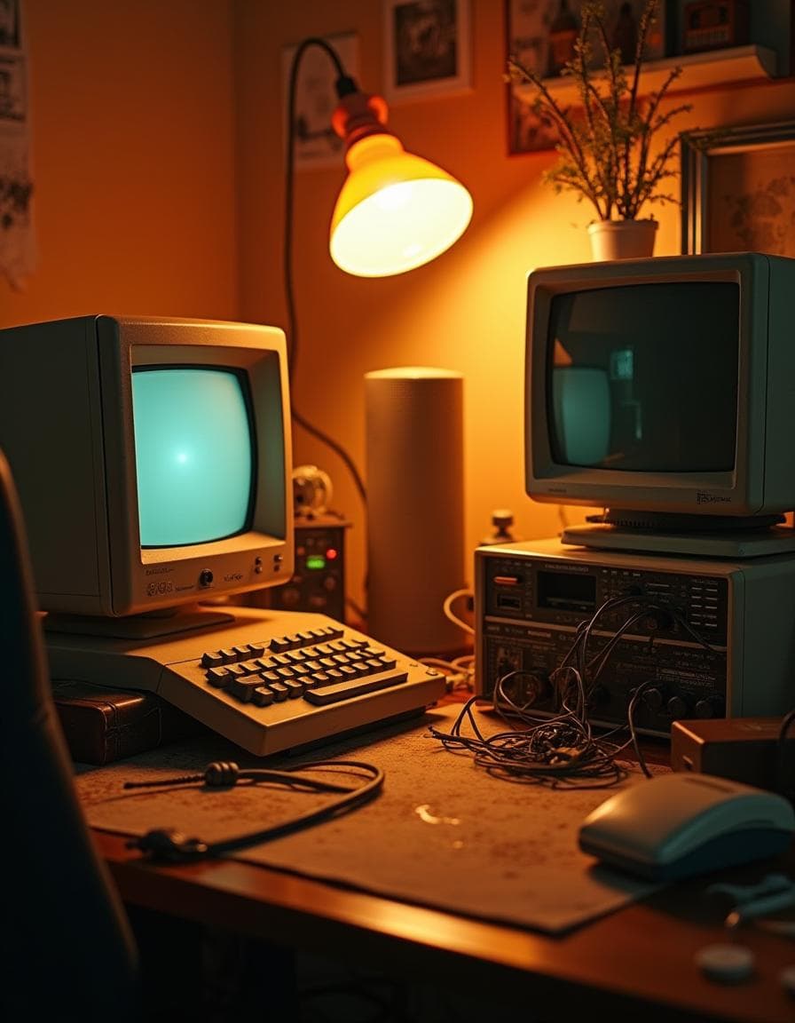 Retro computer setup with vintage monitors